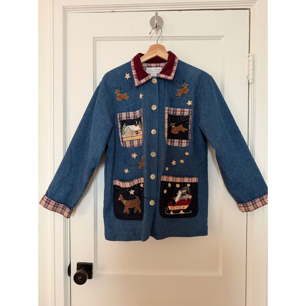 Vintage Casey Coleman Christmas Denim Jacket S/M Santa Reindeer Art to Wear
